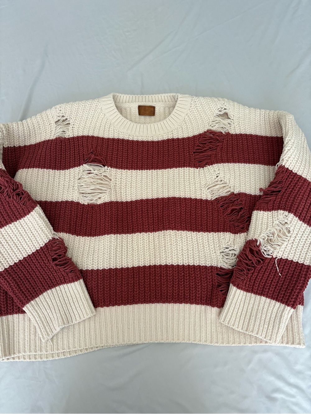 POL Cream Distressed Striped Chenille Crewneck Sweater
